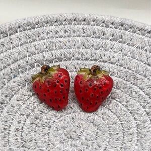 Vintage celluloid handcrafted strawberry earrings, fun statement, whimsy.